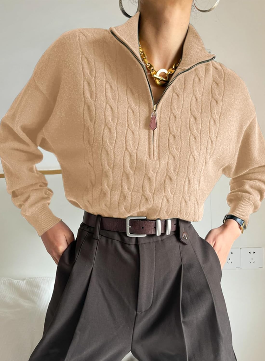 Dokotoo Women's Sweaters 2026 Fall Winter Quarter Zip Casual Ribbed Cable Knit Pullover - Image 3