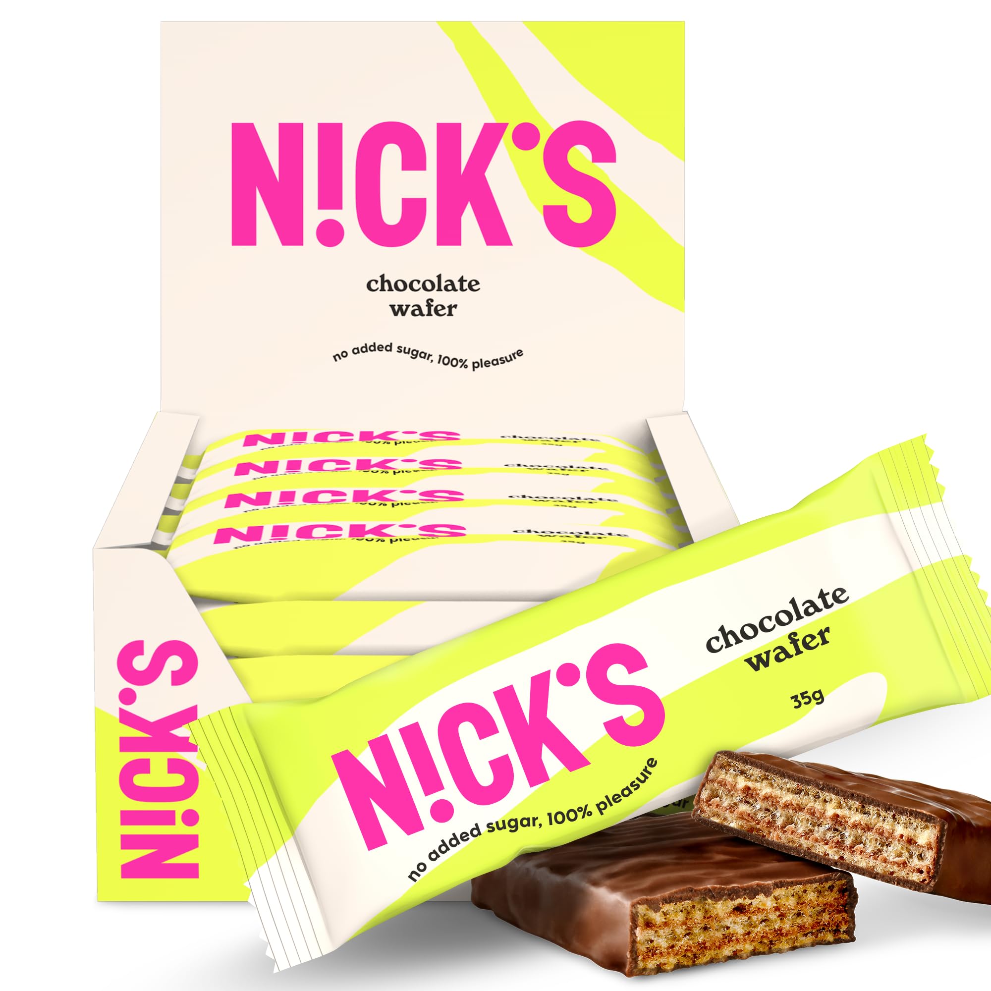 NICKS Riegel Schokolade Wafer, Low carb Waffel Kekse Schokoriegel, 165 Kalorien, Snack bar ohne Zuckerzusatz Glutenfrei Süssigkeiten (24 Kexbar x 35g)