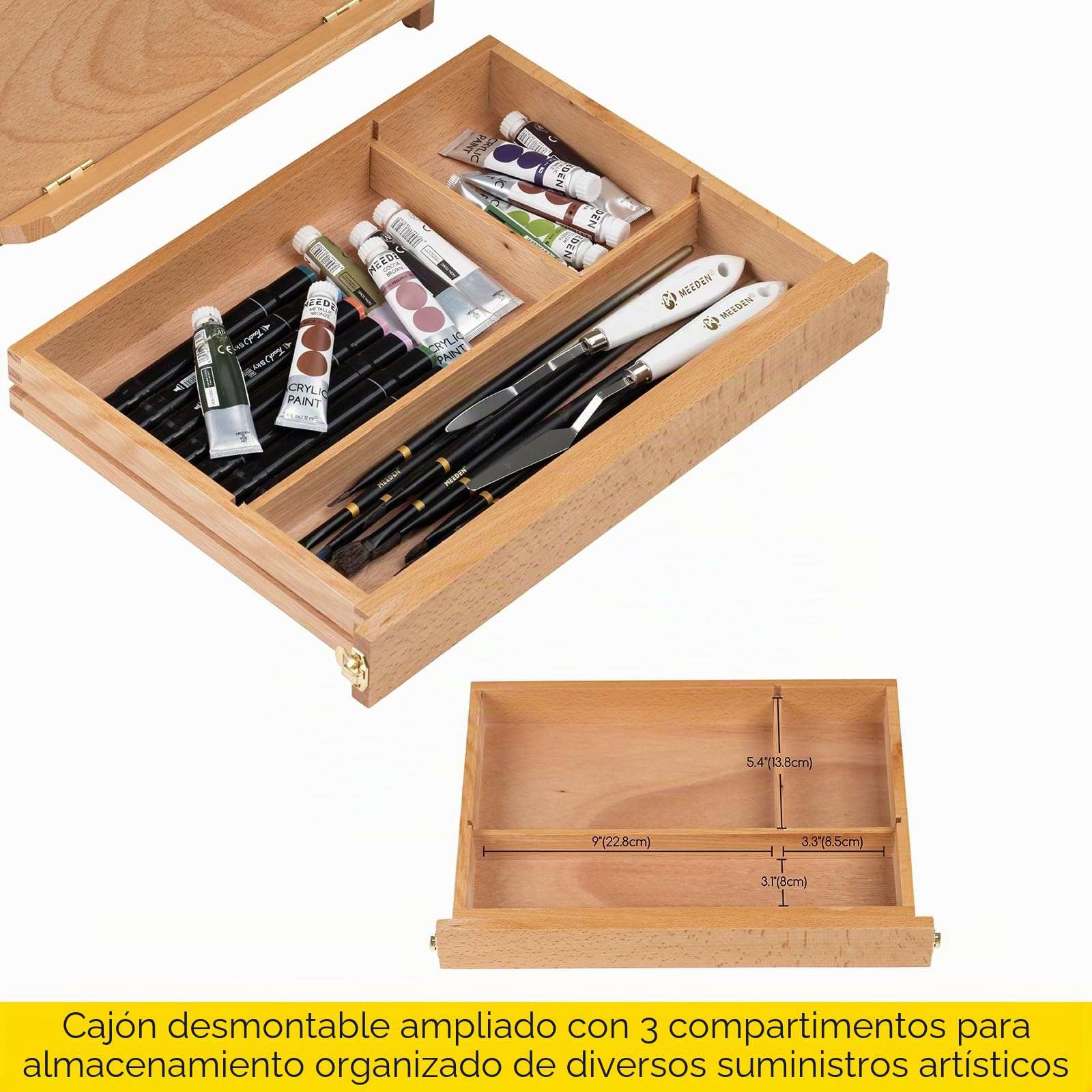MEEDEN - Caballete de madera de haya ajustable y portátil con caja de almacenamiento y paleta para dibujar, dibujar y pintar