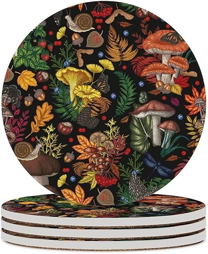 Miniatura 33 de Posavasos botánicos, posavasos redondos de cerámica redondos, 4 unidades, diseño de plantas vintage, diseño botánico de dibujos animados, hongos