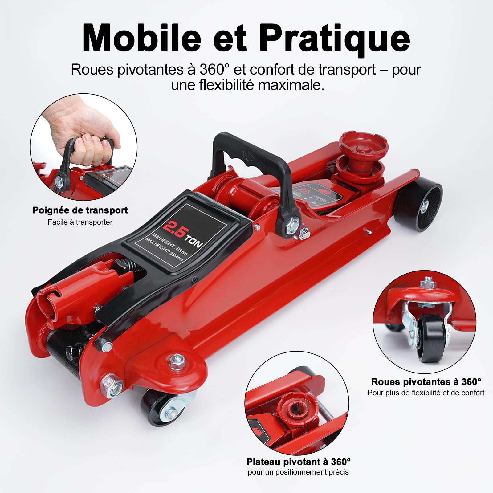 HYCHIKA Cric hydraulique, 2,5 T, avec pompe de levage rapide à piston, vérin hydraulique, plage de levage de 135 à 370 mm, pour berline, SUV, changement de pneu