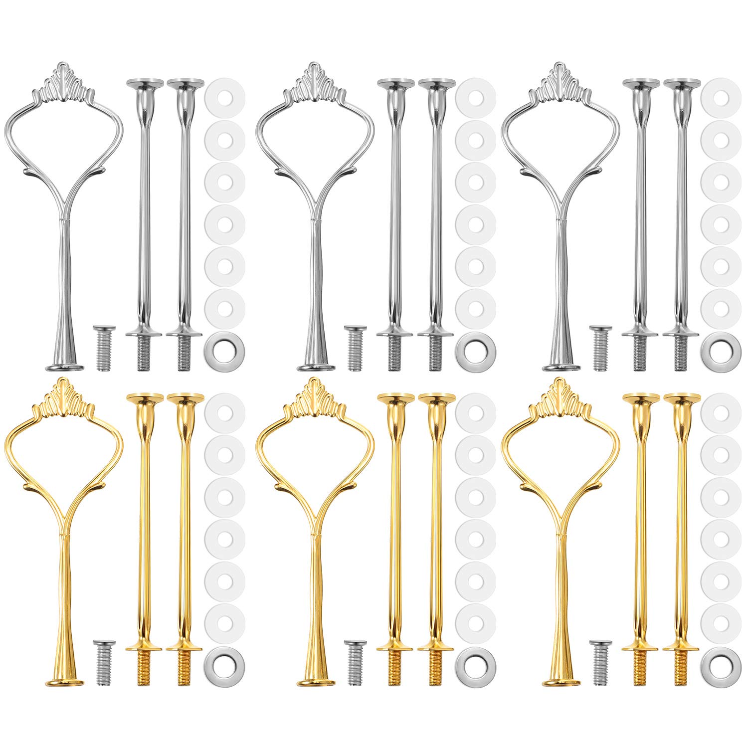 Patelai 6 Sets 3 Tier Cake Stand Hardware Tiered Tray Plate Hardware Kit Heavy Metal Cake Fruit Food Plate Stand Fitting Stacking Kit for Serving Dessert Cupcake Dish Food (Simple,Silver,Gold)
