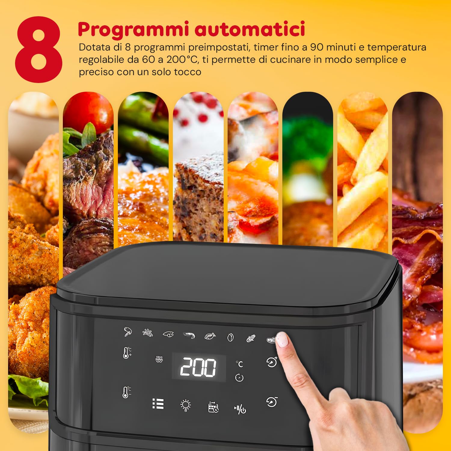 Avilia Friggitrice ad Aria Digitale 8L, 1500W, Pannello di Controllo Digitale, Timer e Temperatura Regolabili, Cestello e Griglia Lavabili in Lavastoviglie, 8 Funzioni e Ricettario e Pinza Incluso