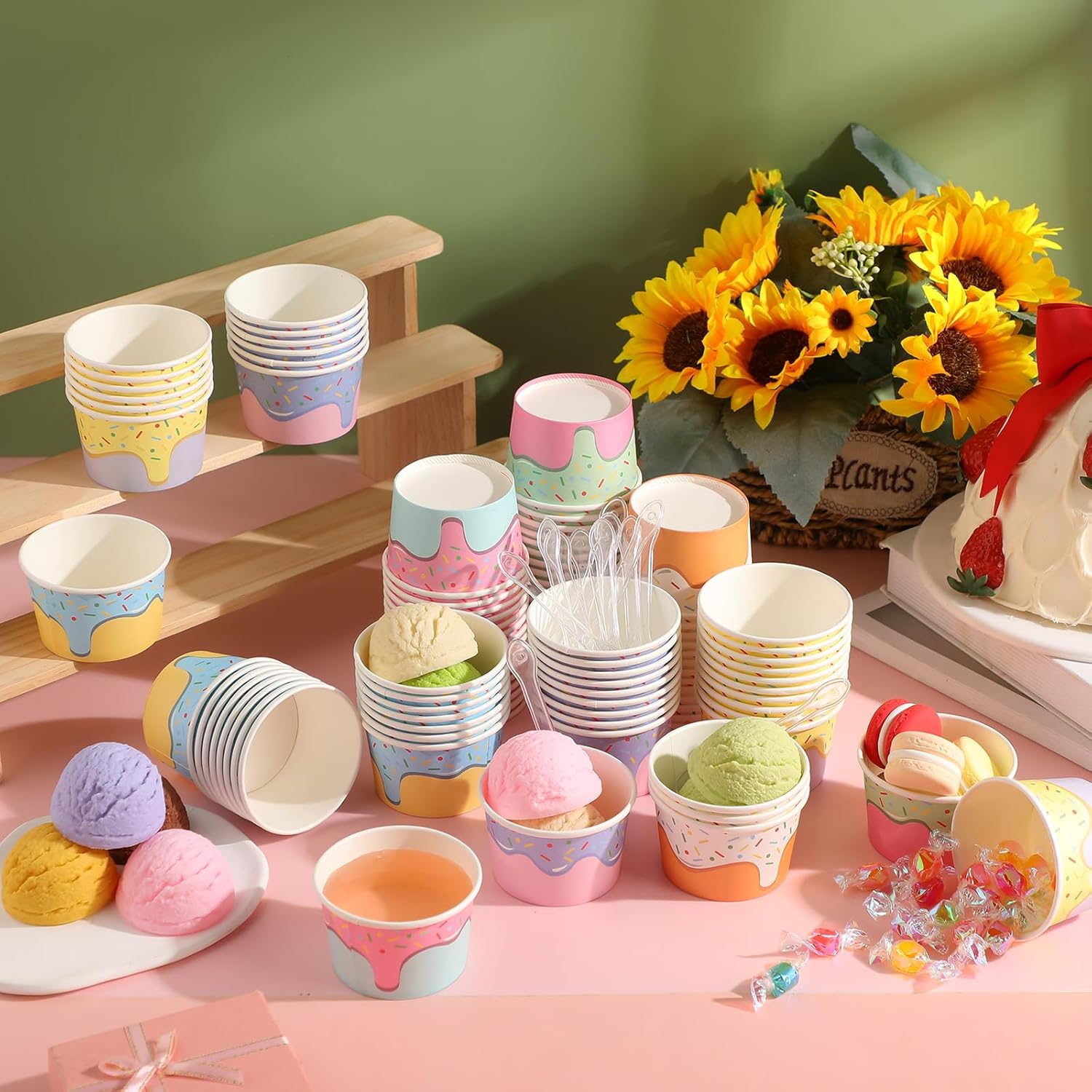 Boao 100 Set 5 oz Ice Cream Cups with Spoons Disposable Paper Sundae Dessert Bowls Summer Party Supplies (Confetti Style) 100 Confetti
