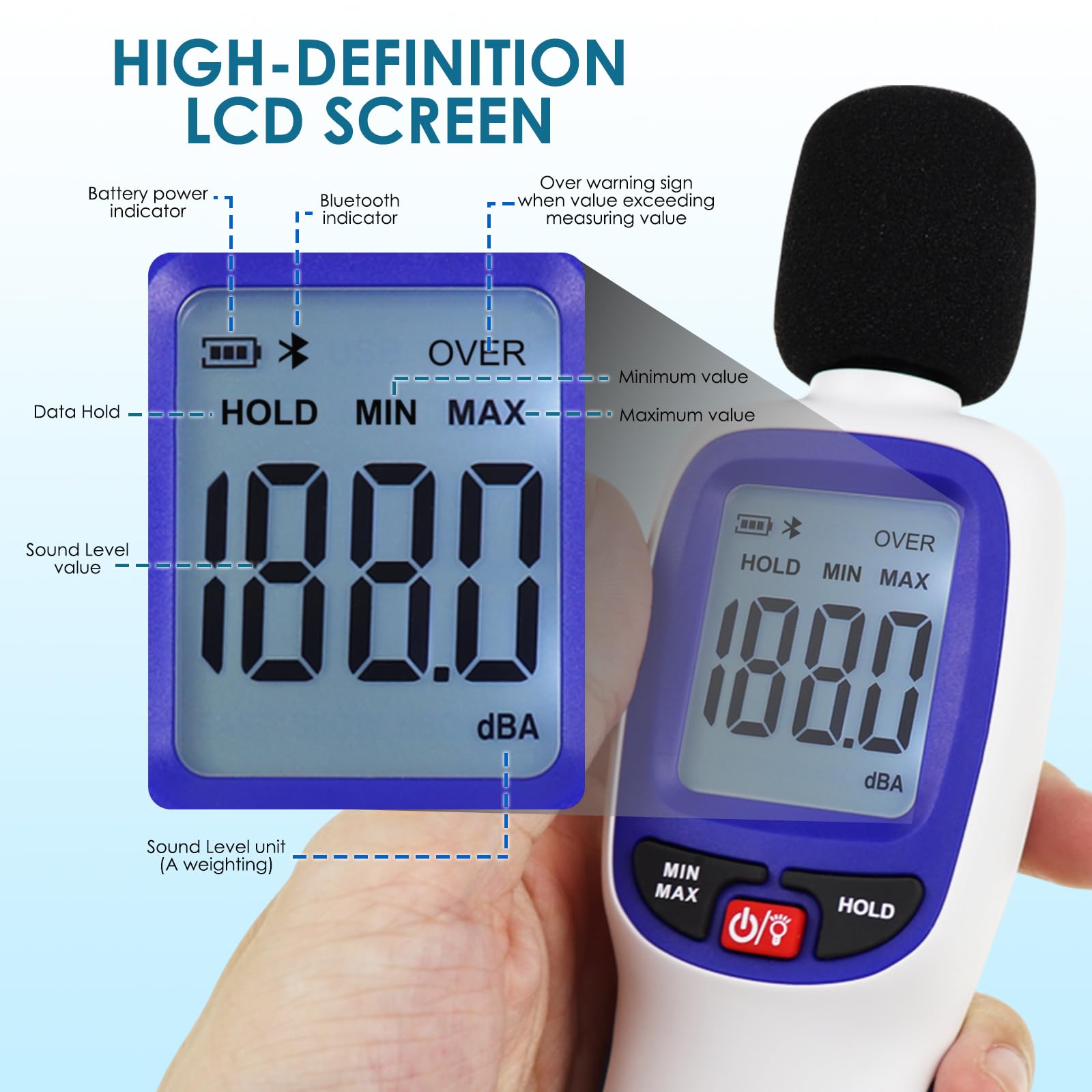 Digital Schallpegelmesser, Schallpegelmessgerät mit Bluetooth-fähiges, Dezibel Messgerät 30~130dBA Bereich MAX/MIN Datenhold mit LCD-Display und Hintergrundbeleuchtung für Zuhause, Schule