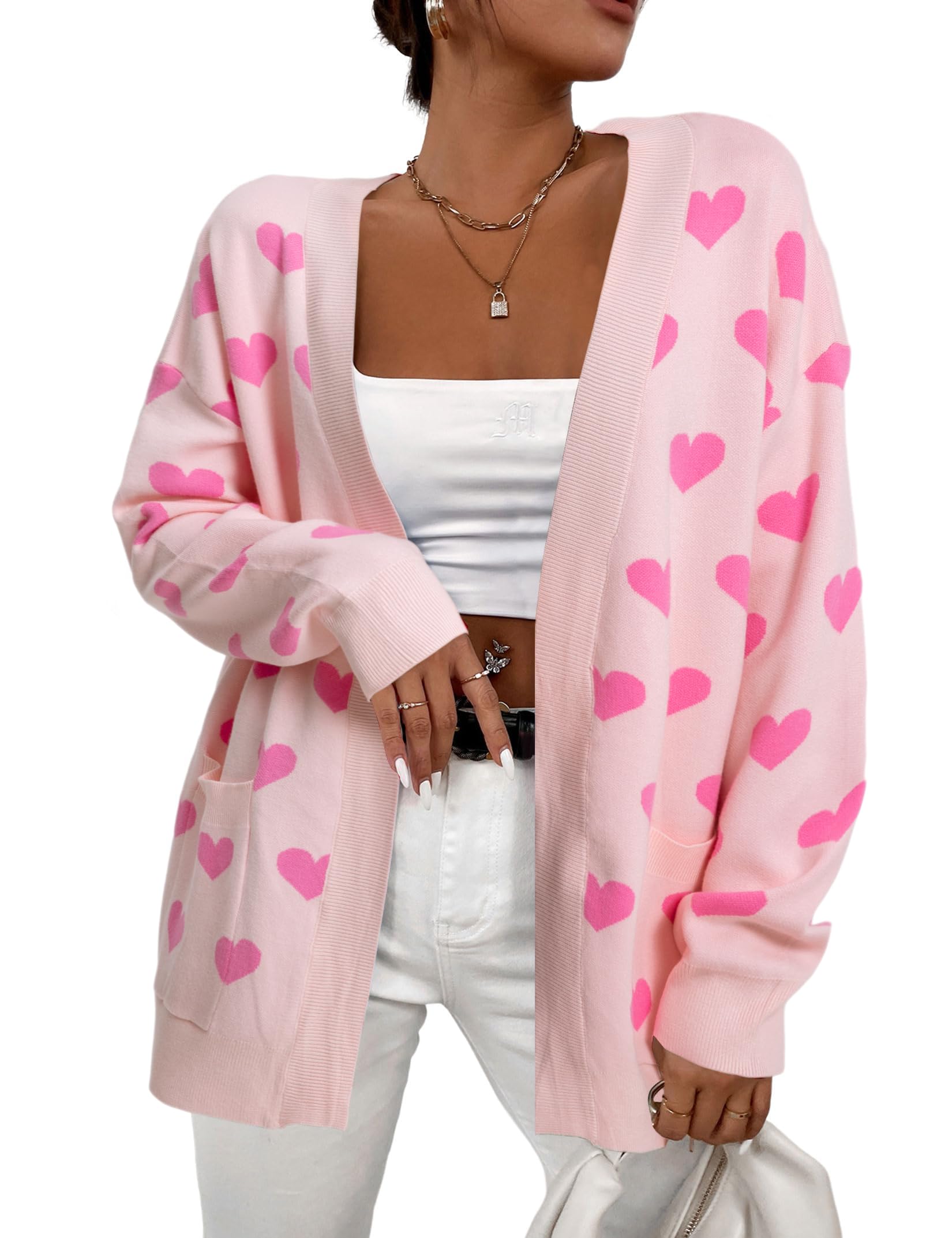 Heart Cardigan Valentines Sweater Women Valentine Cardigan Love Print Open Front Knit Sweaters Outwear with Pockets