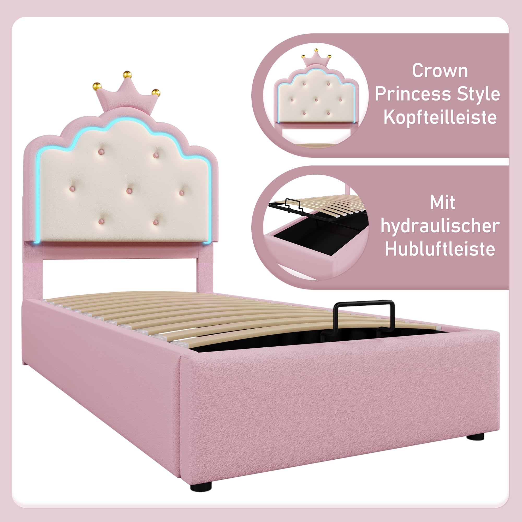 Merax Kinderbett 90x200, Polsterbett für Mädchen Kronen-Einzelbett mit LED-Streifen, Hydraulischer Stauraum, aus PU-Leder Bettrahmen mit Lattenrost(ohne Matratze), Rosa