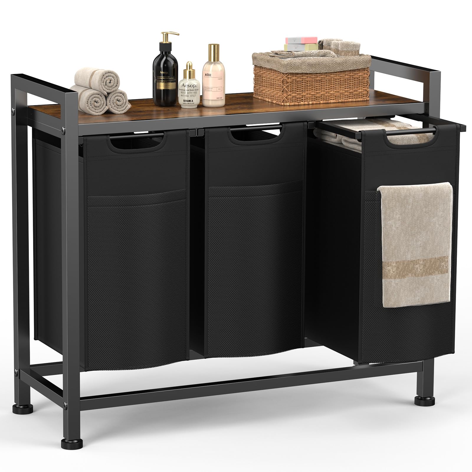 Sweetcrispy Laundry Hamper with Wheels, Laundry Basket 4 Compartments, 160L with Shelf, 4 Removable Laundry Bags, Family Laundry Sorter for Laundry Room/Bathroom, Black