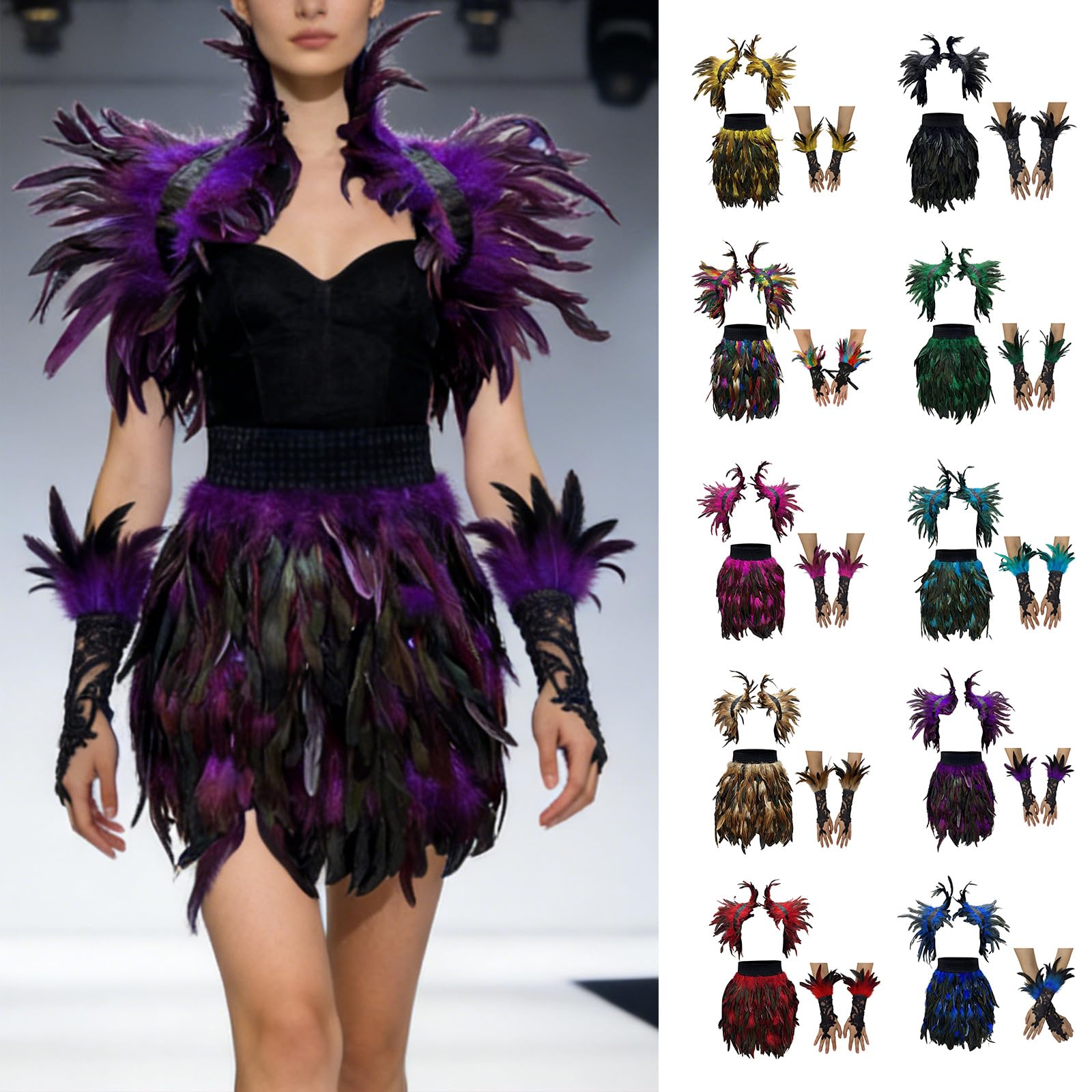 Elegantes gefiedertes Schulterüberzug-Set mit Rock und Handschuhen, modisches Kostümzubehör für Cosplay und Thementreffen, verkleiden sich mit Kragen