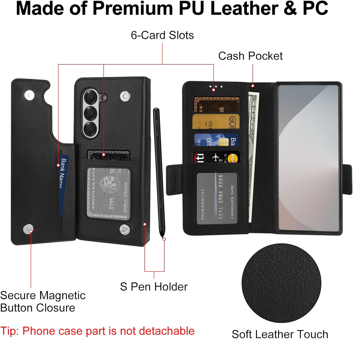 Vofolen for Samsung Galaxy Z Fold 6 Case with Card Holder & S Pen Holder, PU Leather Flip Case with Magnetic Clasp Kickstand Heavy Duty Rugged Wallet Cover Case for Z Fold 6 Phone Case, Black