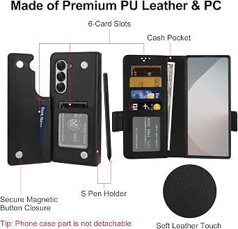 Vofolen for Samsung Galaxy Z Fold 6 Case Wallet with Card Holder RFID Blocking S Pen Holder Leather Heavy Duty Shockproof Protective Flip with Magnetic Clasp Stand Slim Cover for Z Fold 6 Case Black