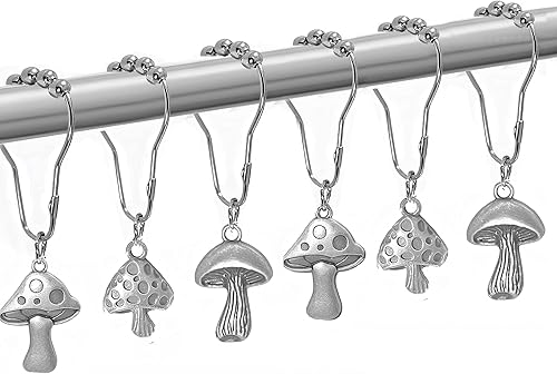 Ganchos para cortina de ducha de hongos, 12 piezas de hongos para cortina de ducha de hadas, anillos retro Cottagecore decoración de baño, bosque