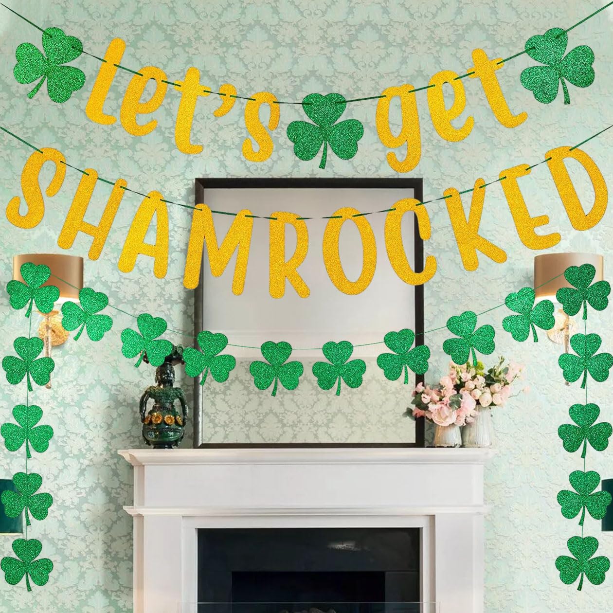 St patricks Day Decorations,2 Strings St Patricks Day Banner Glitter Let`s Get Shamrocked St Patricks Day Bunting,Creative Shamrock Hanging Ceiling Window Wall Party Photo Accessories Set
