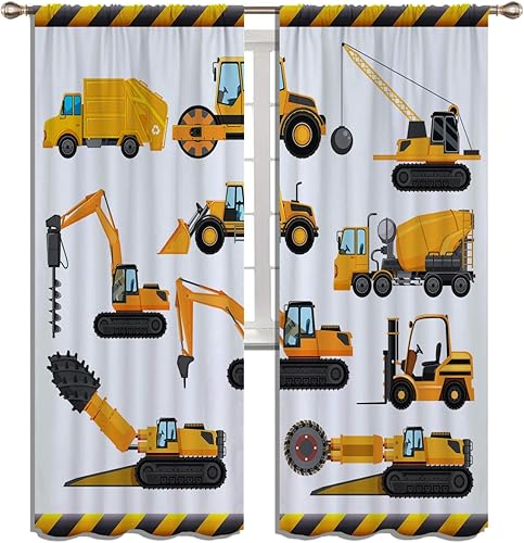 Miniatura 2 de Cortinas opacas de construcción para niños y niñas, decoración de oscurecimiento de habitación, bulldozer de dibujos animados amarillos, tractor,