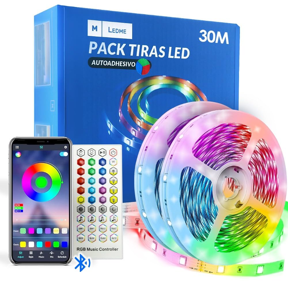 M mimotec - Striscia LED RGB, Luci LED Camera 30 metri con APP, Bluetooth Musical, adesivo, telecomando e adattatore di alimentazione, chip 5050, multicolore dimmerabile in intensità, (2X15M), LM2405