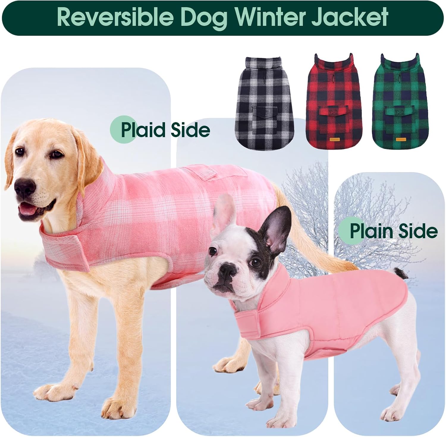 Kuoser Dog Winter Coat, Reversible Dog Jacket, Warm Doggie Coat British Style Puppy Cold Weather Vest, Windproof Pet Clothes Vest for Small Dogs, Pink S - Image 4