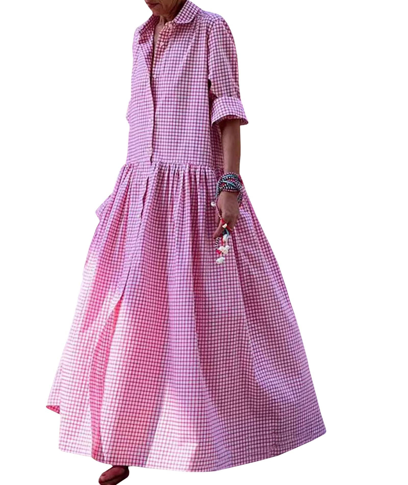SOMTHRON Maxi abito da donna a maniche lunghe, plissettato, a quadretti, stile retrò, con bottoni