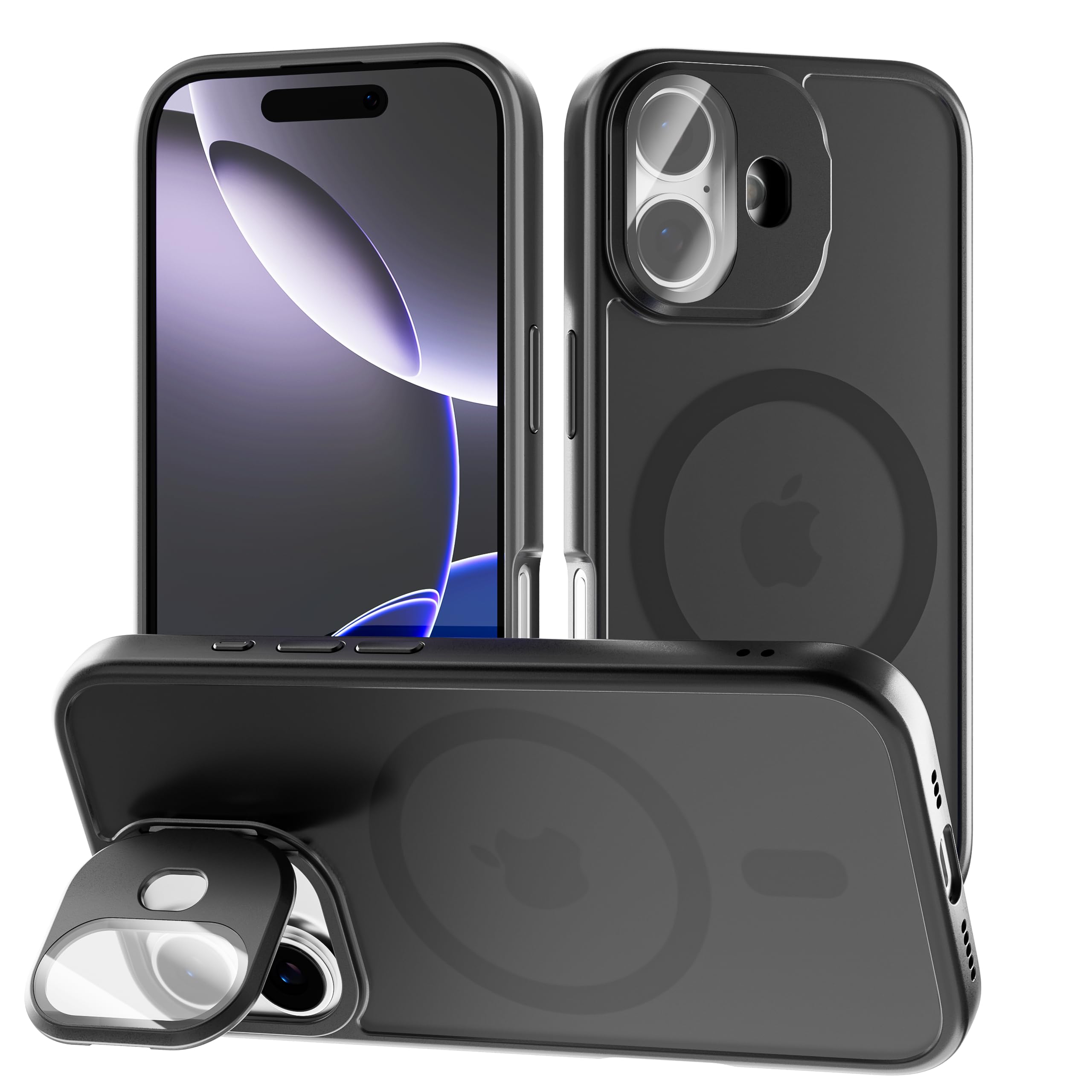 tigratigro Cover con Cavalletto,Compatibile con iPhone 16,Protezione Fotocamera H9 vetro temperato,Custodia Posteriore Glassata Traslucida, Anti-Impronte,Sensazione di Velluto (Nero)