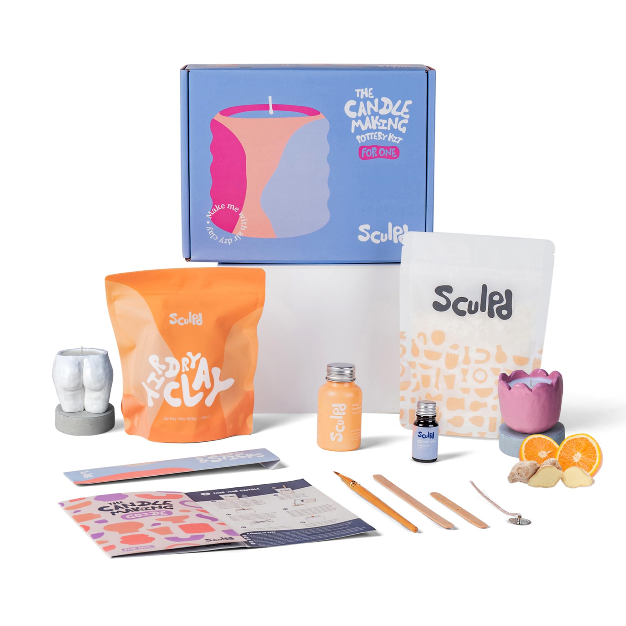 Sculpd, Kit per creare candele con argilla autoindurente, per principianti e adulti, con cera di soia ecologica, oli profumati, vernice, utensili e istruzioni (lingua italiana non garantita)