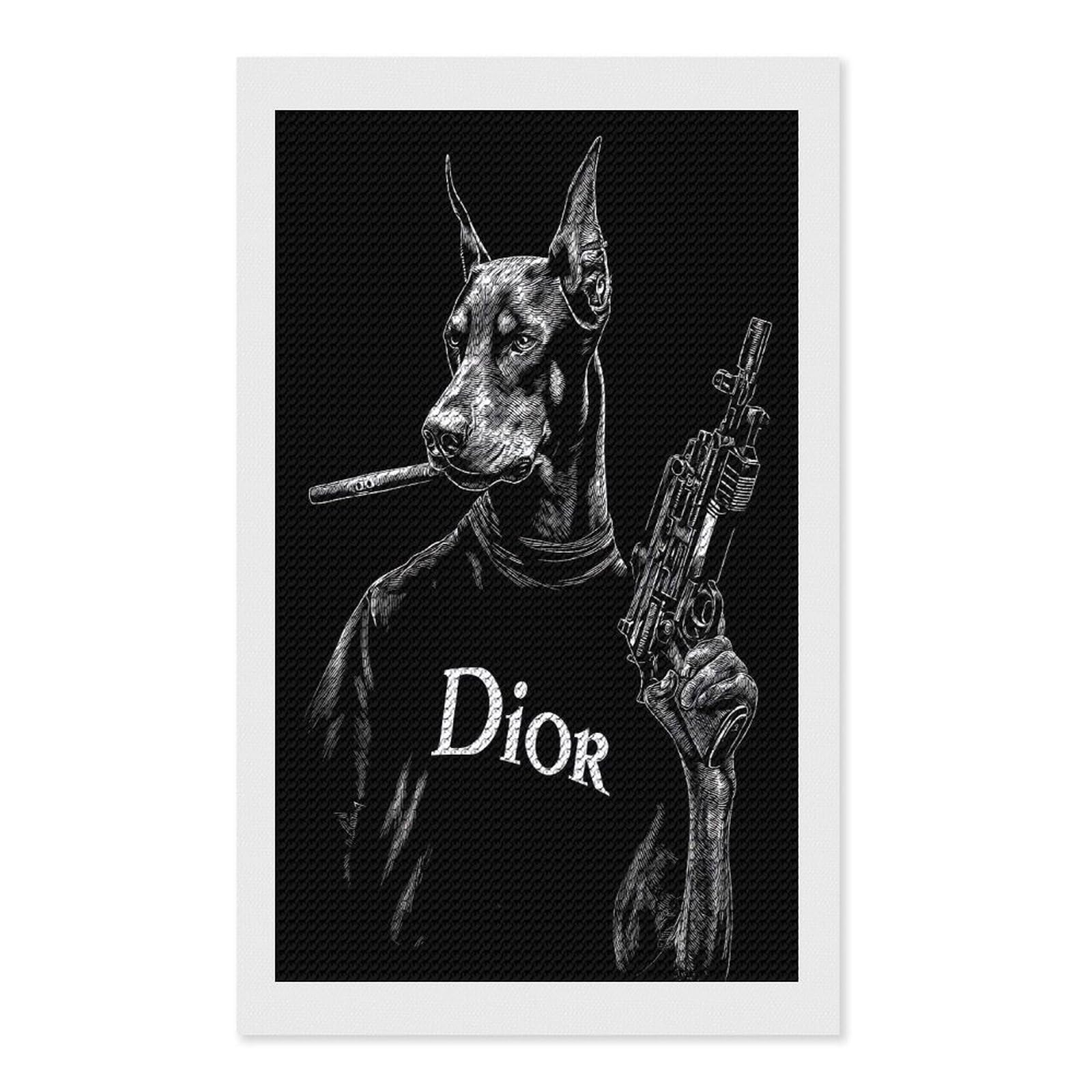 Junmoney Doberman with Cigar and Gun Diamond Art Kit 12"x20", Modern Decor, for Adults, Printed Canvas, Holiday Gift Idea, Fun Craft Experience