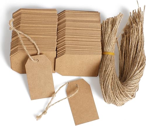 Etiquetas de regalo de papel kraft, 200 etiquetas colgantes para manualidades con 200 cordeles de yute natural para bricolaje, boda, regalo de