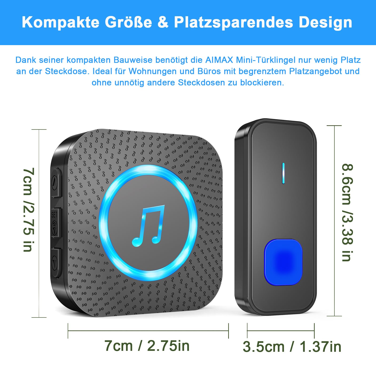 AIMAX Funkklingel mit 2 Sender und 3 Empfänger,klingel Haustür kit,400m Hohe Reichweite, IP55 Wasserdicht, 55 Klingeltöne, 5 Lautstärkestufen Mit LED-Blitz,kabellose Installation,Schwarz