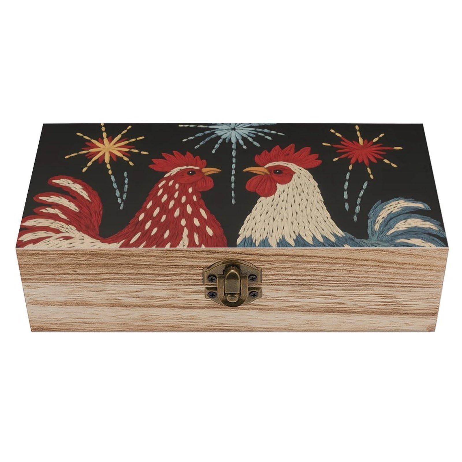 HLBSDM Rustic Red Blue Chickens & Fireworks Retro Wooden Storage Box Jewelry Art Gift Boxs Decorative Keepsake Boxes