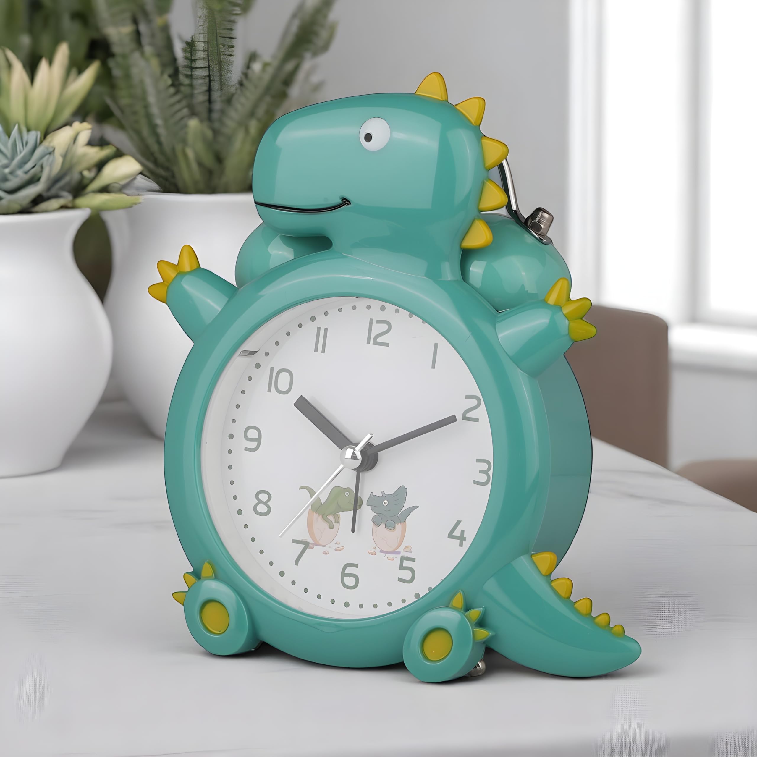De'rons Twin Bell Analog Table Alarm Clock for Heavy Sleepers with Backlight Alarm Clock for Study Table Funny Cute Dinosaur Cartoon Shape Alarm Clock for Kids Girls Boys Bedroom 12.5 x 14 cm (Green)-image-24