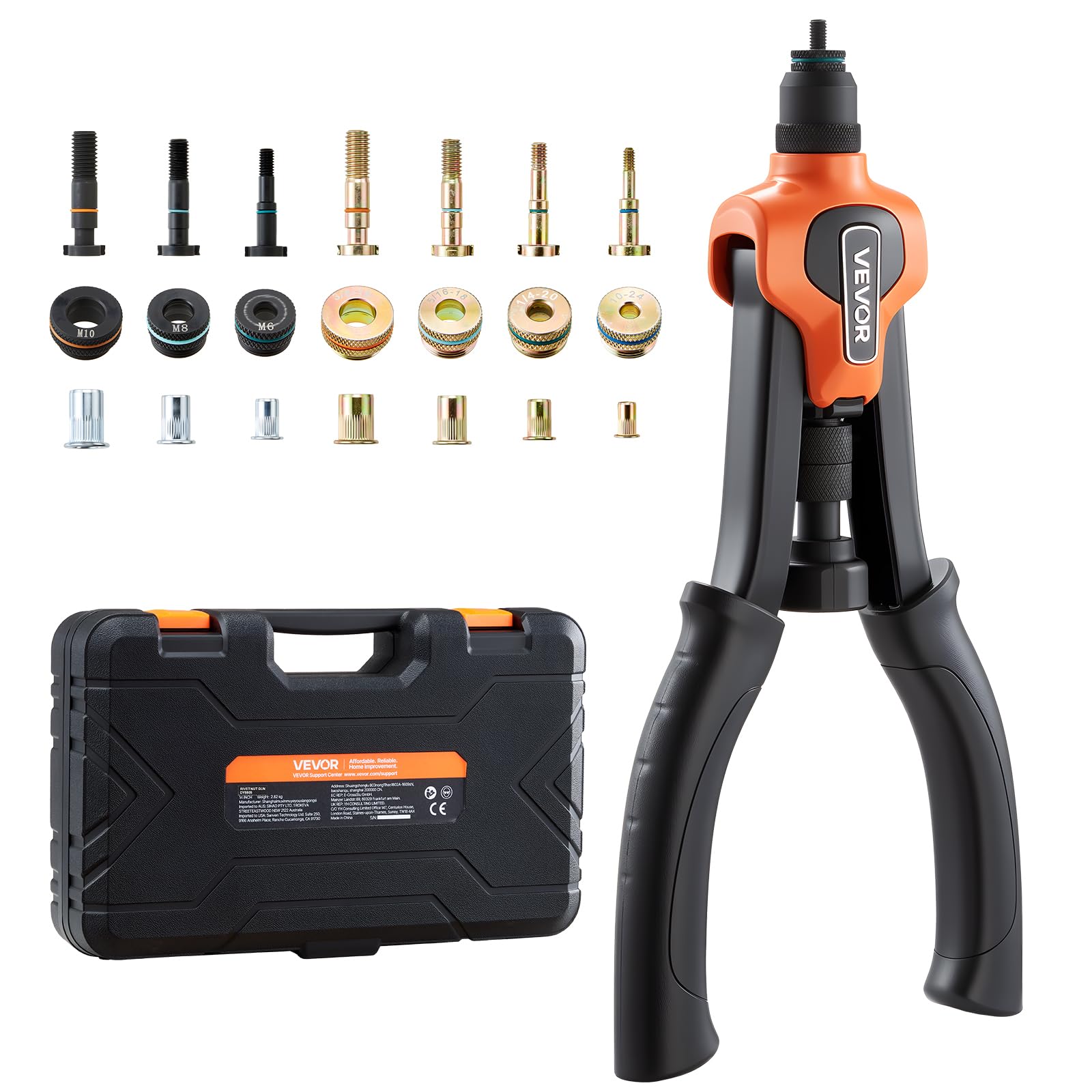 VEVOR Kit Rivettatrice per Inserti Filettati a Due Mani da 360 mm, con 7 Mandrini e 70 Dadi, con Robusta Custodia per Il Trasporto, per Montaggi Metallici, Mobili, Autoveicoli e Riparazioni DIY