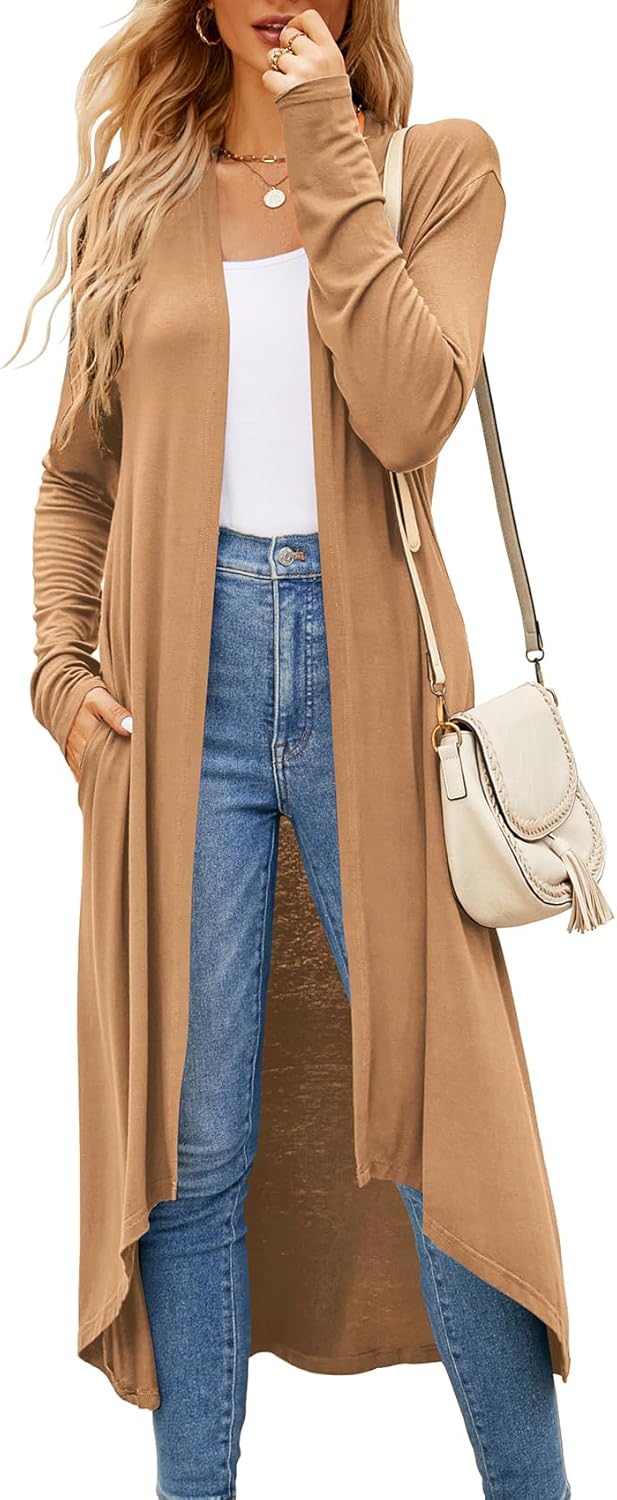 Newchoice Womens Long Cardigan Summer Casual Draped Open Front Lightweight Long Sleeve Cardigan Duster with Pockets