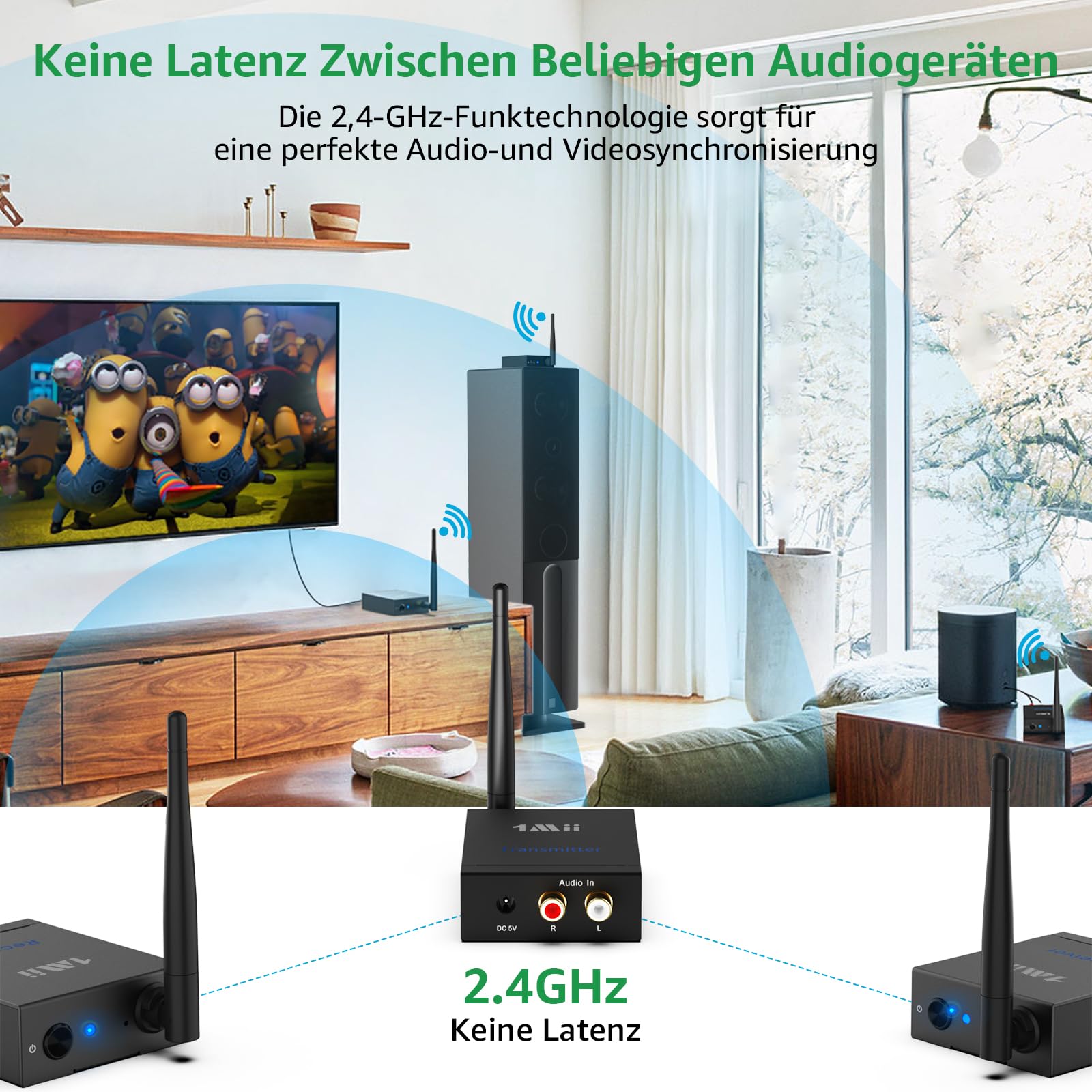 1Mii (1 TX + 2 RX) Drahtlos Audio Sender Empfänger, 2,4 GHz Funkübertragung | Niedrige Verzögerung, 100m Großer Reichweite von TV/PC zu Aktivlautsprecher/Verstärker/AV-Receiver, Cinch-Ausgang/-Eingang