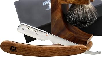 Haryali London Shaving Kit - 3 Pc Wooden Shaving Kit – Professional Cut Throat Razor Kit - Cut Throat Razor - Badger Shaving Brush - Shaving Stand from Wood - Sustainable Gift Set