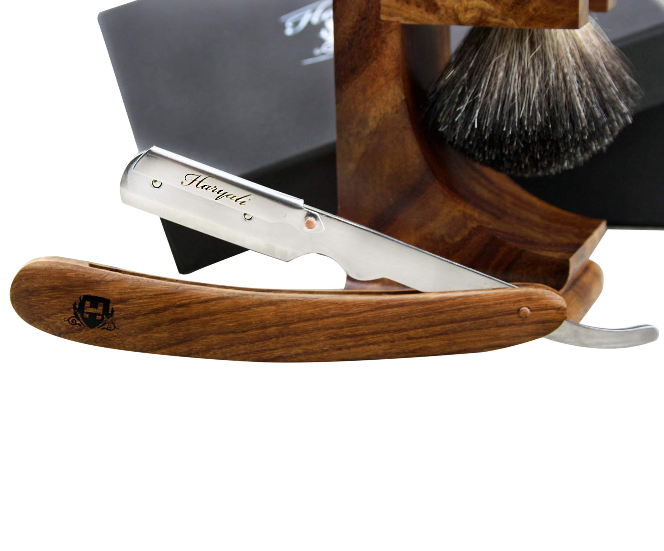Haryali London Kit de afeitado – Kit de afeitado de madera de 3 piezas – Kit profesional de afeitar de garganta – Maquinilla de afeitar de corte – Brocha de afeitar de tejón – Soporte de madera