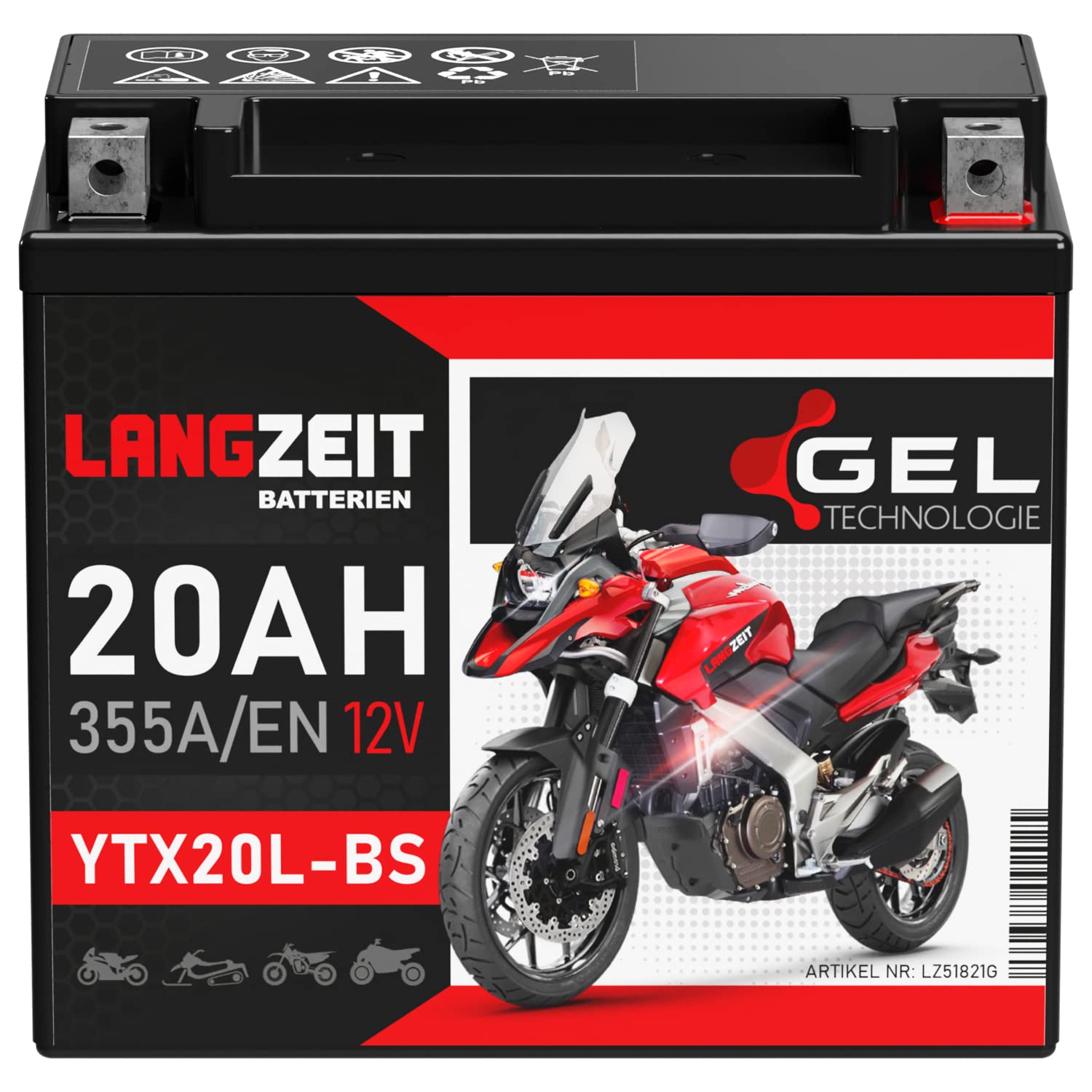 LANGZEIT YTX20L-BS batteria moto 12V 20Ah 51821 GTX20L-BS CTX20L-BS senza manutenzione