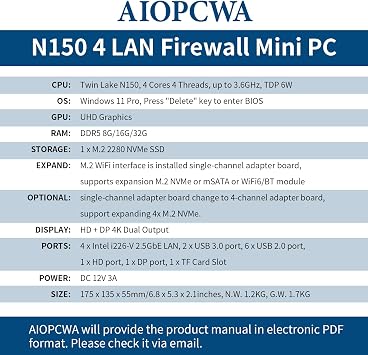 N150 Mini PC Firewall Appliance N100 Upgrade, Fanless Mini Computer, 4 x i226-V 2.5GbE LAN, OPNsense Micro PC, DDR5 32GB RAM 1TB NVMe, 4 x PCIe 3.0, HD+DP, TF Slot