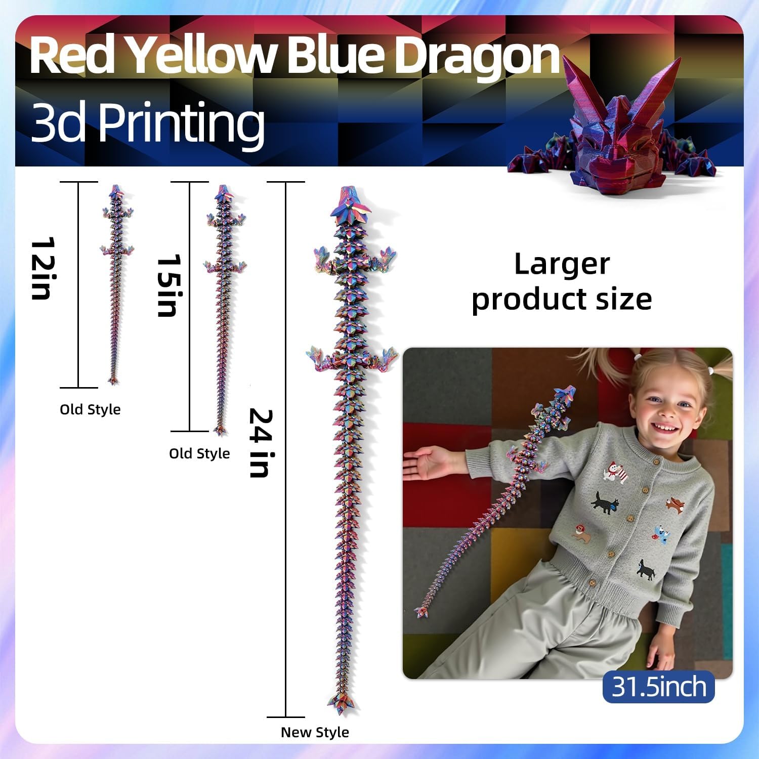 31.5 Large 3D Printed Dragon Bigger Fidget Animals Toys, Giant Flexible Articulated Fidget Toy, Huge 3D Printed Crystal Dragon Halloween Home Office Executive Desk Decor, Christmas 3D Print Toy