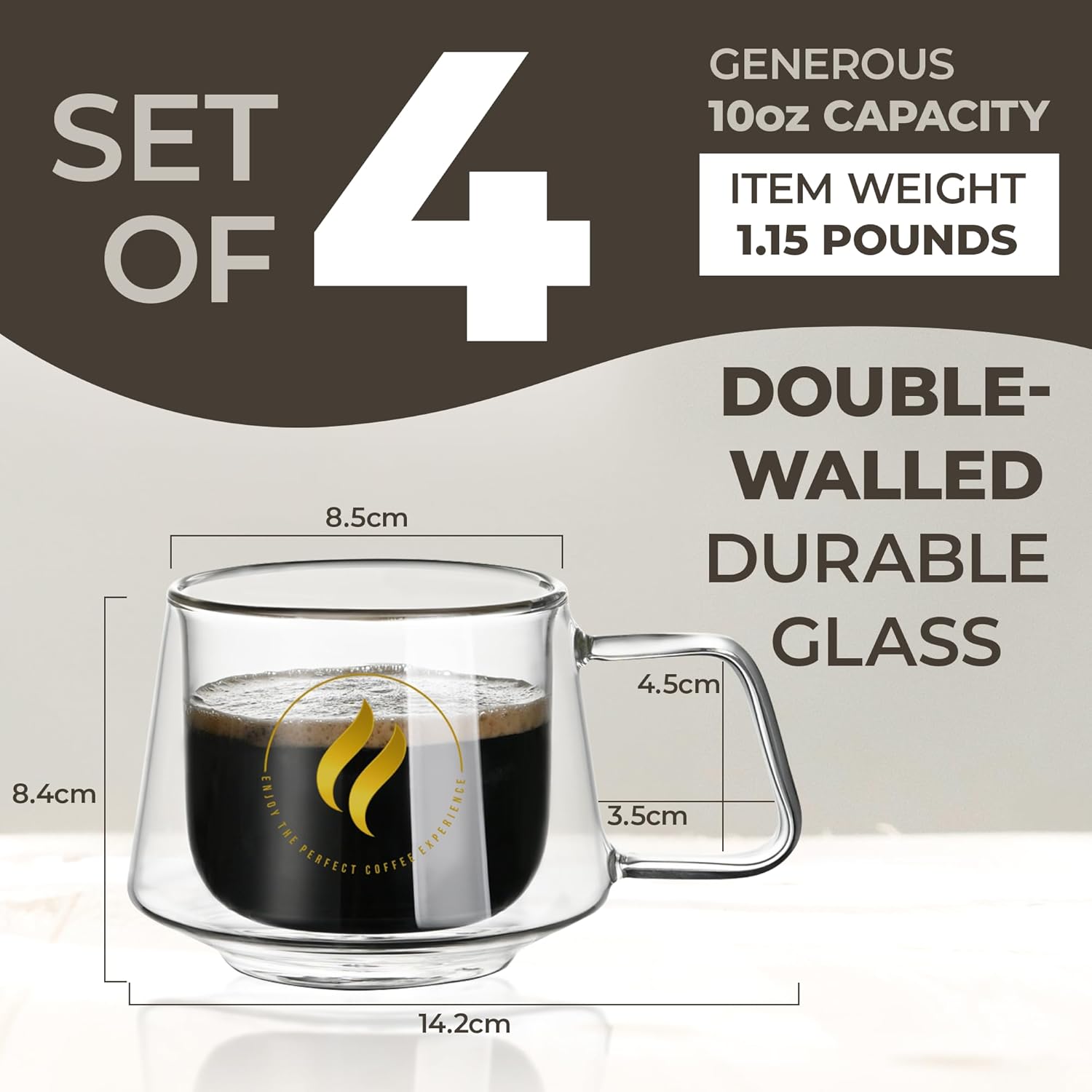 GLORAMA Double Walled Glass Coffee Mugs - 10oz Coffee Mugs for Tea, Espresso, & Cappuccino - Freezer & Microwave Safe Coffee Mugs Set of 4 - Image 7