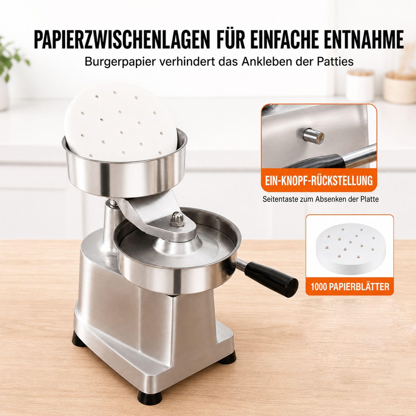 Manuelle Burgerpresse aus Edelstahl mit Griff, Patty-Papier und Handschuhen für Küche, Grillen und Picknick