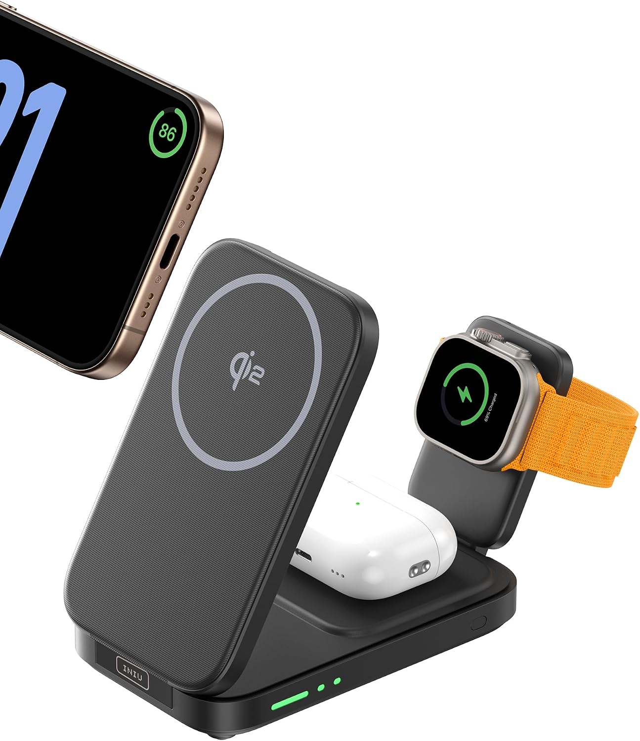 INIU 3 in 1 Wireless Charging Station, Qi2 Certified Travel Charger for Apple Multiple Devices, Foldable Charger Stand for Apple iPhone 16 15 14 13 12 Series Watch AirPods (with Adapter)