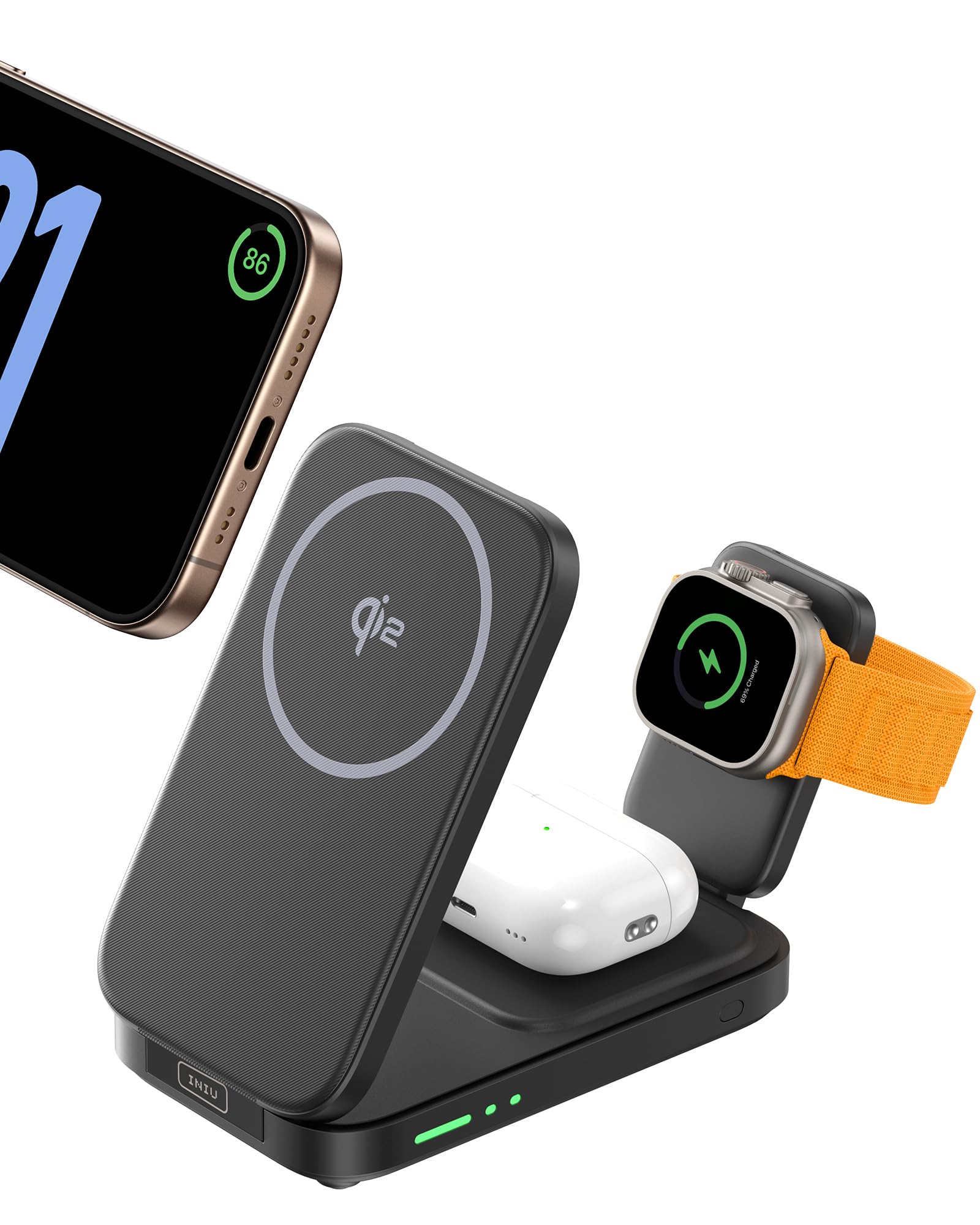 INIU Indukcyjna stacja ładująca iPhone 3 w 1, 15 W, certyfikat Qi2, magnetyczna, bezprzewodowa ładowarka, składana, Mag-Safe Wireless Charger do Apple Watch SE, iPhone 17, 16, 15, 14, 13, 12, AirPods | Magnetyczna, idealna w podróży, składana ładowarka z