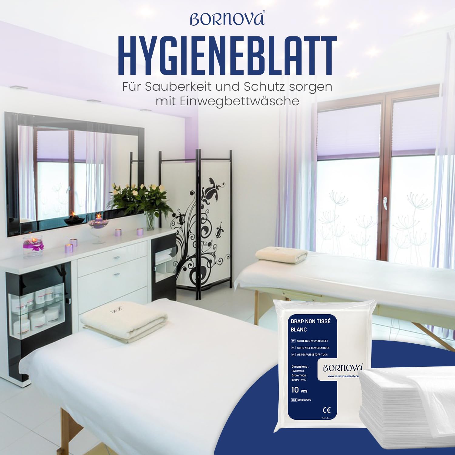 BORNOVA – 10er Pack Einweglaken 140x240 cm – Untersuchungslaken aus Vliesstoff – Medizinische Einweg Bettlaken für Massagetisch, Kosmetik & Wellness