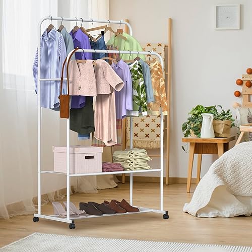 Miniatura 2 de Moclever Clothing Rack with Wheels Double Rod Garment Rack Rolling Rack for Indoor Bedroom Clothes Rack Hanging Clothes Storage Display White