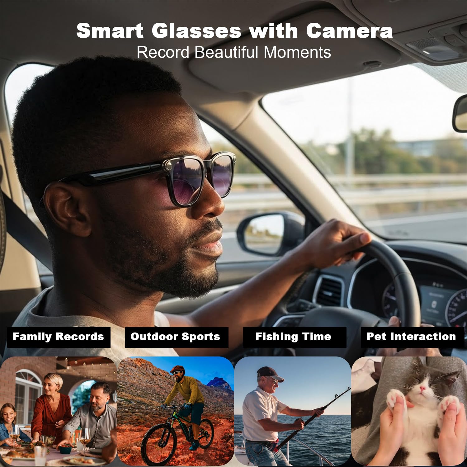 AI Smart Brille mit Kamera, 8MP HD Bluetooth Kamera Brille, 1080P Videoaufnahme Sonnenbrille für Damen Herren, Echtzeitübersetzung, Sprachassistent, Open-Ear Audio für Reisen, Meetings & Vlogging