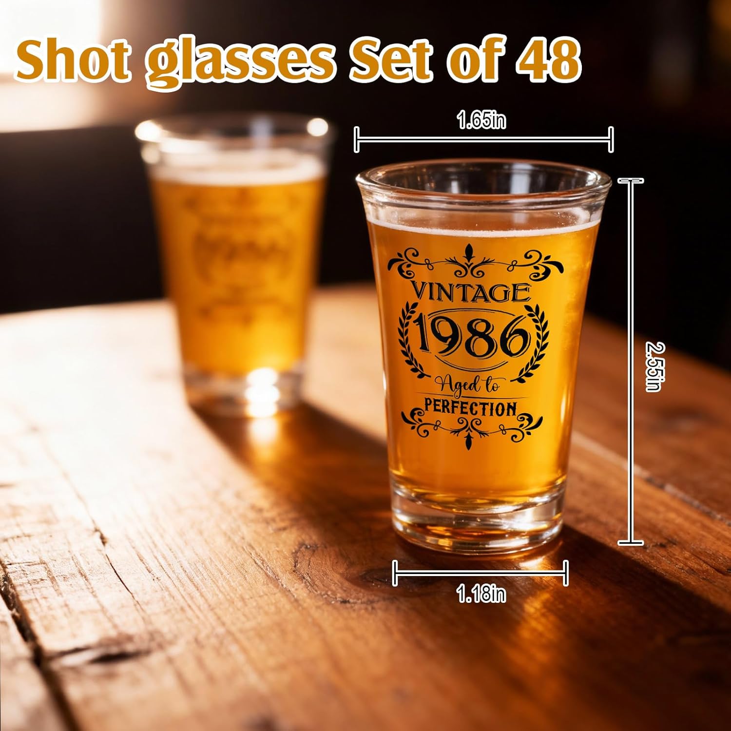 Sliner 48 Pack Birthday Shot Glasses Bulk, 1.4oz Plastic Vintage Birthday Party Favors for Guests, Mini Cheers 40/50/60 to Years Black Shot Glass, Decoration Gift (Vintage 1986)
