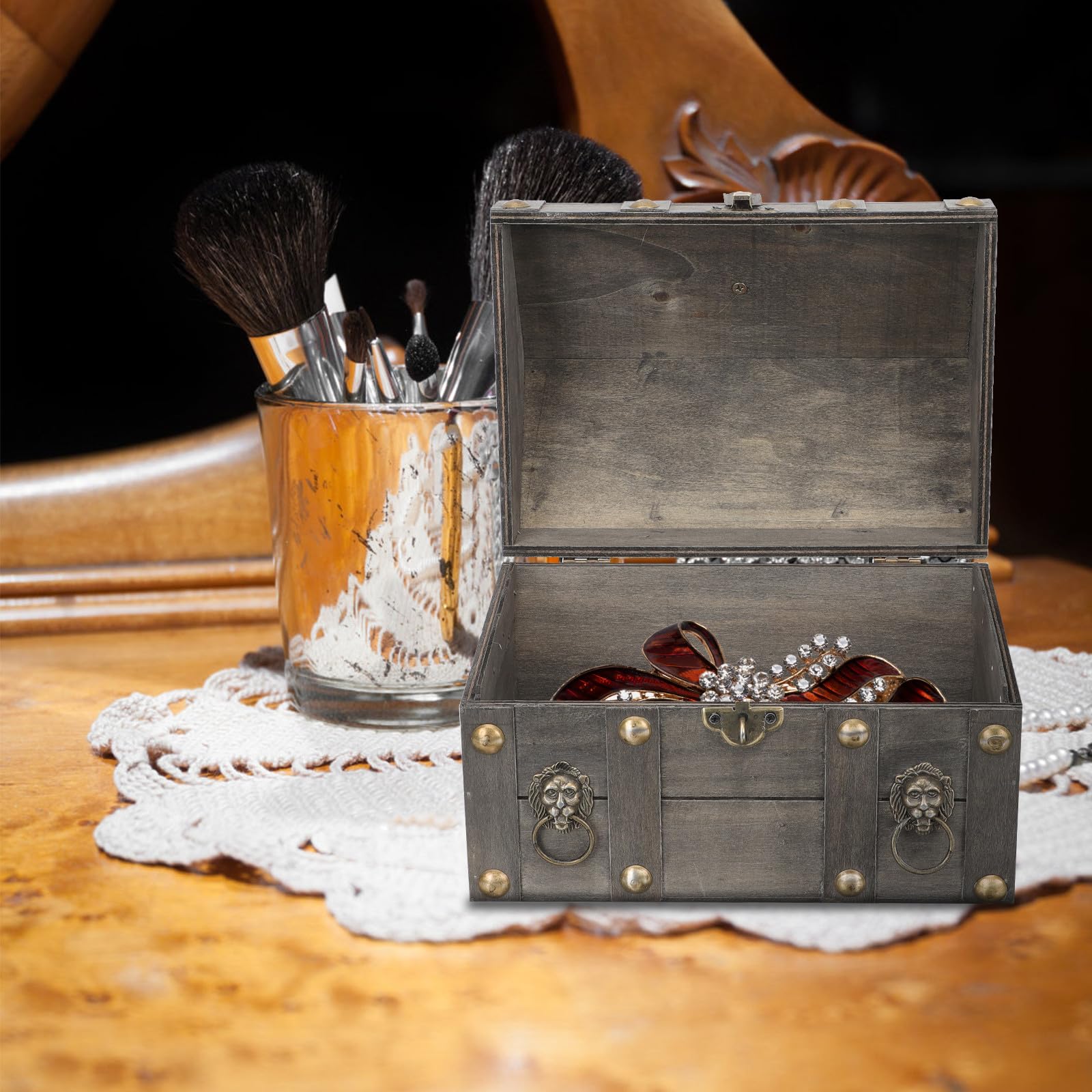 Homoyoyo Vintage Holz Schatzkiste mit Schloss Dekorative Aufbewahrungsbox für Schmuck Holzkiste Staubschutz Organizer für Ringe und Halsketten