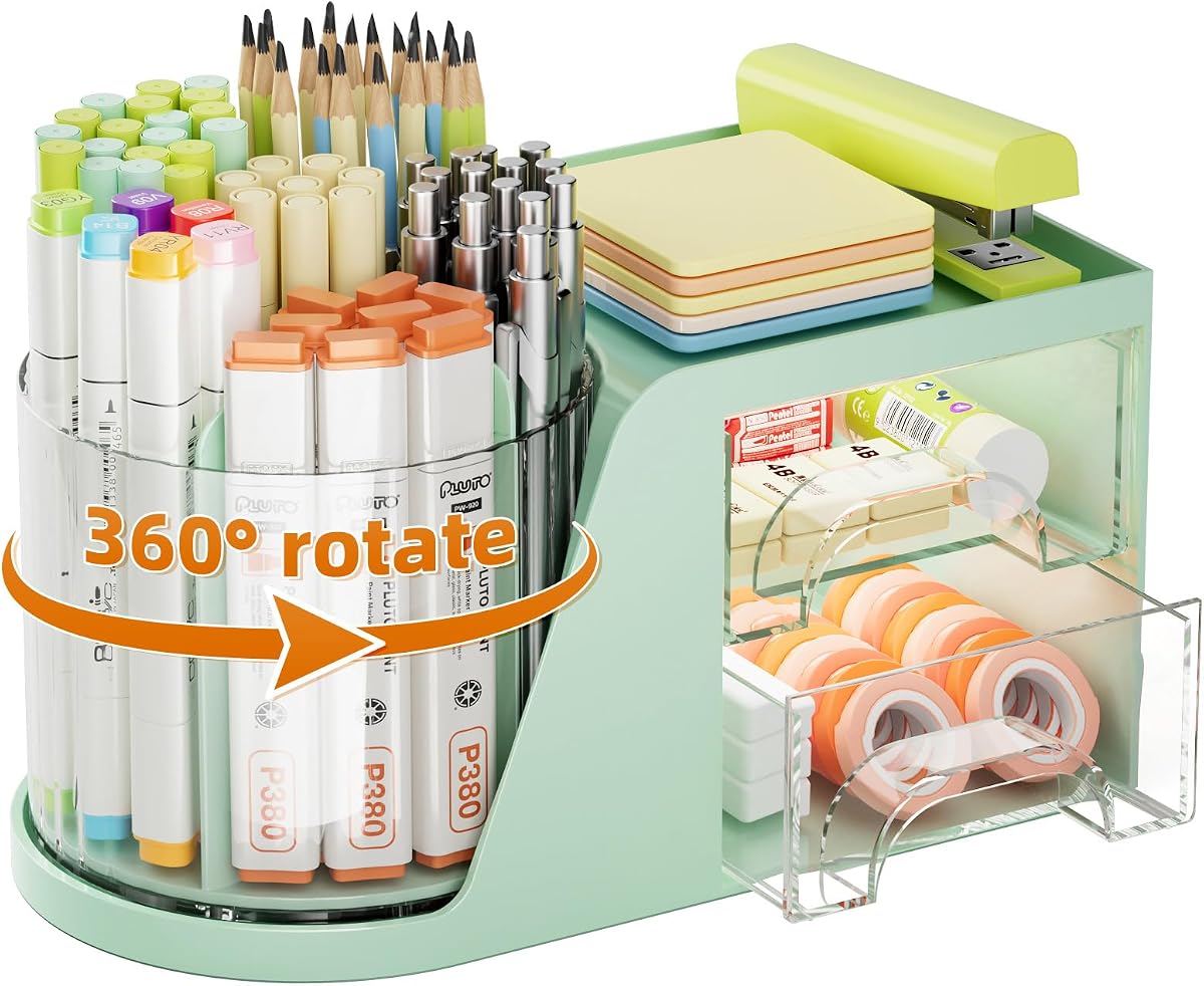 Marbrasse Organizador de escritorio con 2 cajones, soporte giratorio de 360°, organizadores de escritorio y accesorios con 6 ranuras para lápices + 2 cajones, caja de almacenamiento de suministros de arte para oficina (verde)