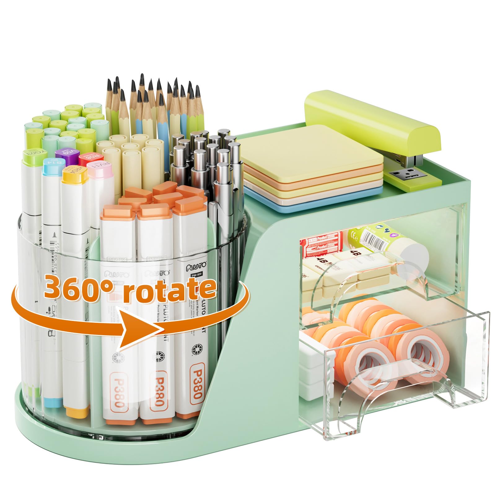 Marbrasse Desk Organizer with 2 Drawer, 360°Rotating Pen Holder, Desk Organizers and Accessories with 6 Slots Pencil Holder + 2 Drawer, Art Supply