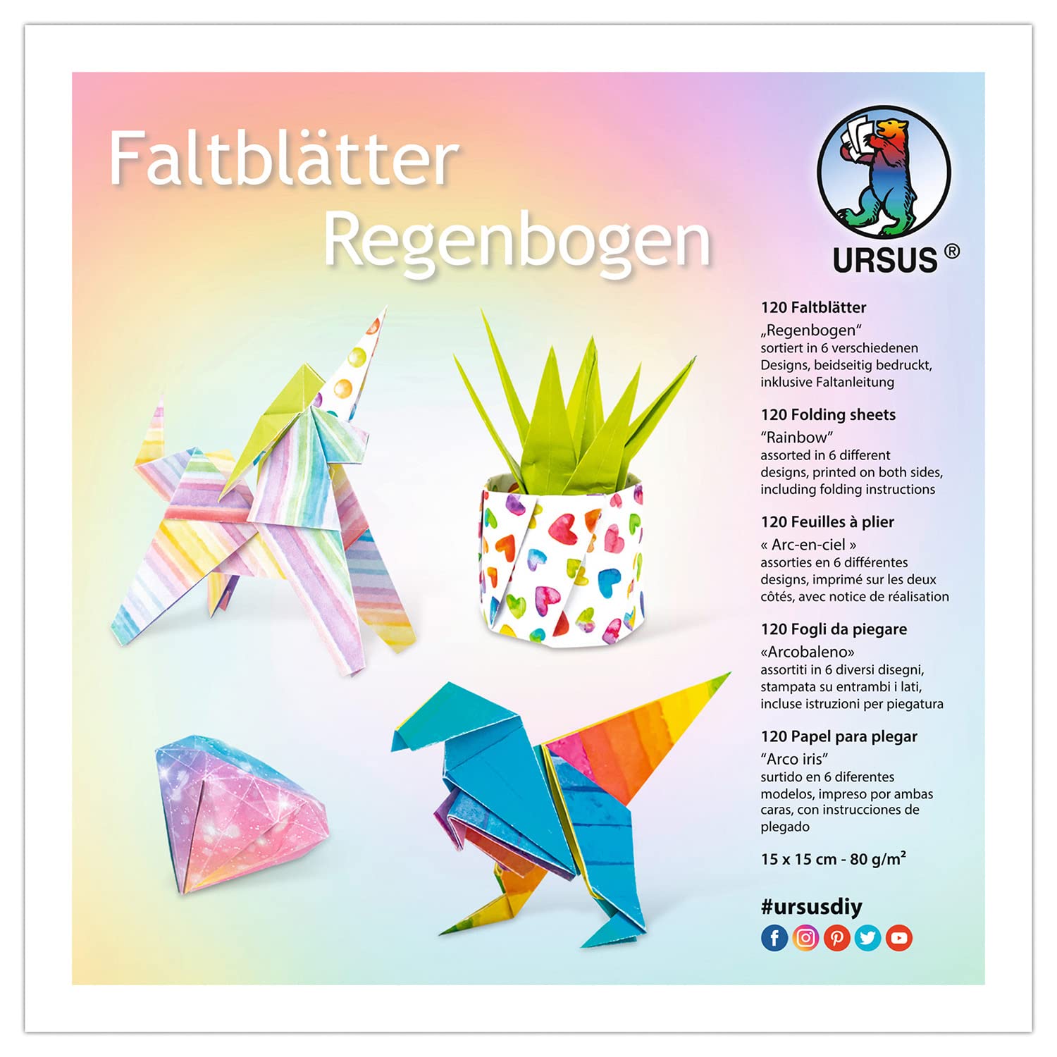 Ursus 38085599F 10154131 Folding Sheets Rainbow 120 Sheets Assorted in 6 Approx. 15 x 15 cm 80 g/m² Printed on Both Sides Includes Folding Instructions Multi-Coloured