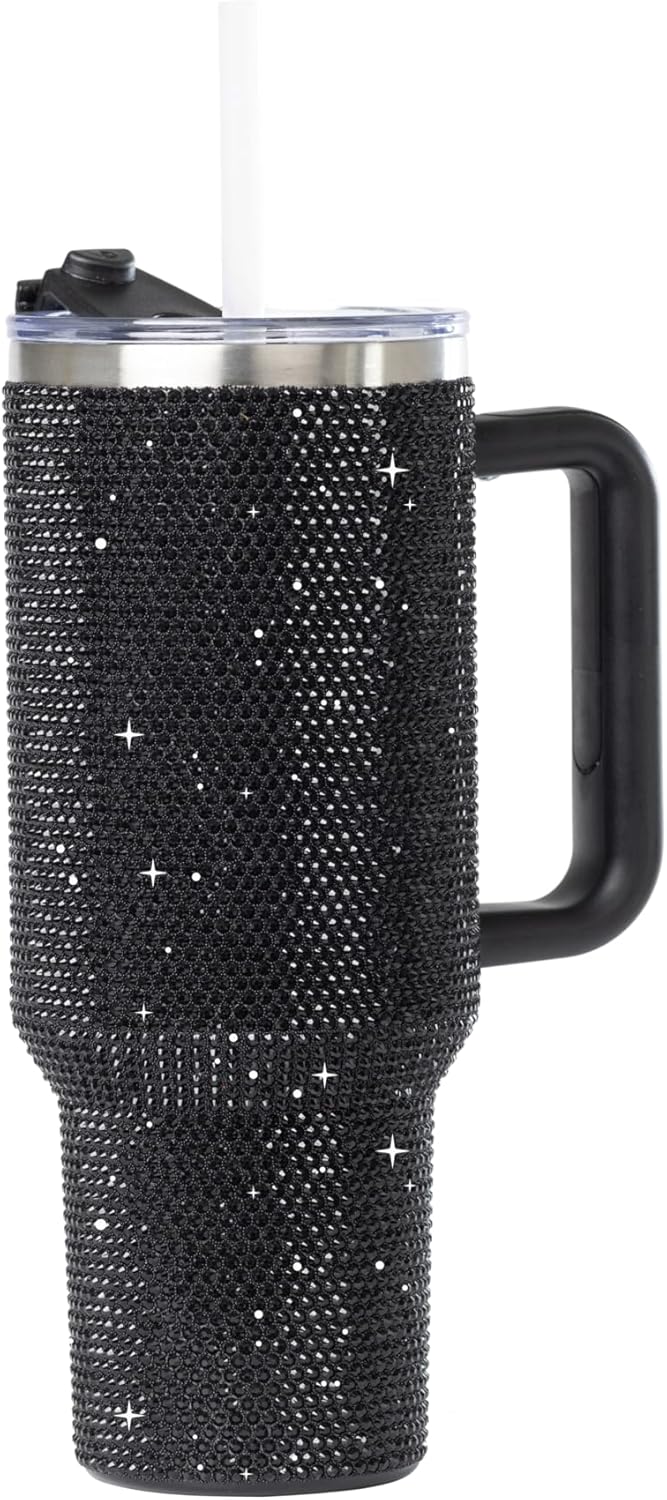 Grenada 40oz Rhinestone-Encrusted Insulated Tumbler - Premium Bling Stainless Steel Water Bottle with Handle, Double Wall Vacuum Technology, Includes Leakproof Lid and Straw Black Sand