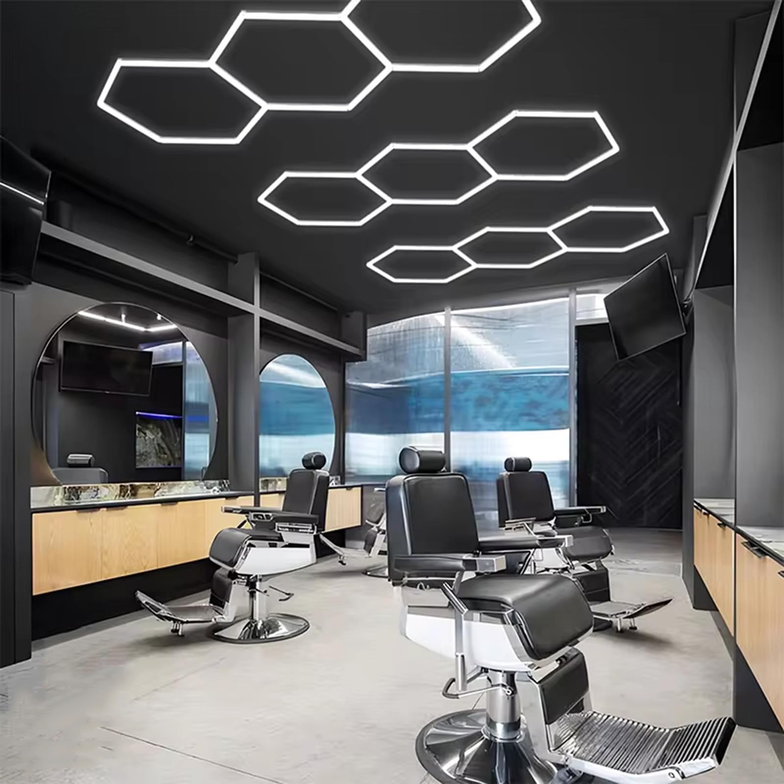 Plafonnier Hexagonal en nid d'abeille 128 W 6 500 K 3 lumières LED hexagonales pour garages, gymnases, sous-sols, entrepôts, ateliers de détail Automobile